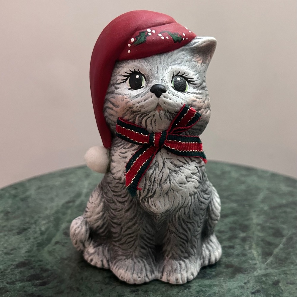 Christmas Cat Ceramic Figurine Grey Santa Hat Plaid Bow Holiday Hand Painted